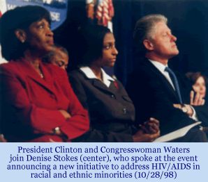 Photograph of President Clinton, Rep. Waters, and Denise Stokes