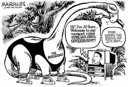 This cartoon with the bureaucracy depicted as a dinosaur was crafted after Vice President Gore presented the National Performance Review. Reproduced with the permission of Jimmy Margulies and King Features Syndicates
