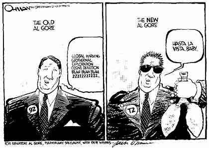 This cartoon depicts a NEW Al Gore as the character from the movie Terminator 2.  Reproduced with the permission of Jack Ohman.