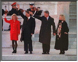 [PHOTO: Clintons & Gores waving to crowd during the '92 Inauguration]
