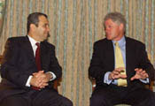 The President meets with Prime Minister Ehud Barak at the Dom Pedro Hotel in Lisbon, Portugal.