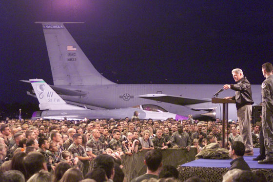 The President expresses his gratitude to members of Operation Allied Force at Aviano Air Base in Italy.