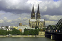 Overlooking the Rhine river, the Cathedral of Cologne -- one of the tallest gothic structures in Northern Europe -- towers above the city.