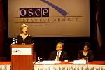The First Lady delivers a speech at the OSCE Summit in Istanbul on combating the trafficking of humans, particularly women and children.