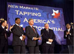 Reverend Jesse Jackson, President Clinton, and Speaker Dennis Hastert are welcomed to Englewood High School; Photo by Sharon Farmer, November 5, 1999.