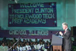 The President speaks to the Englewood community; Photo by Ralph Alswnag, November 5, 1999.