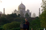 President Clinton makes remarks in the shadow of the Taj Mahal at the environmental event at Taj Khema.  Agra, India.