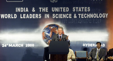 President Clinton adresses a hi-tech event at the Hi-Tech Center, Hyderabad, India.