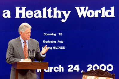President Clinton makes remarks at the vaccination event at Mahavir Trust Hospital, Hyderabad, India.