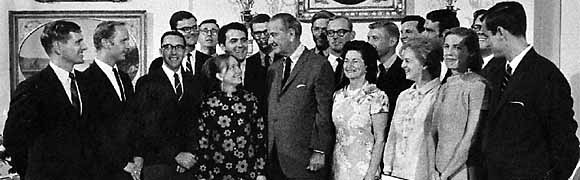 Photo of Lyndon Johnson, who  establishing the WH Fellowships in October 1964, with the current class in 1967.
