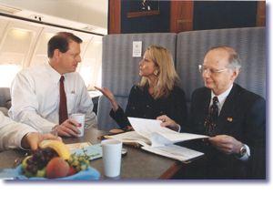 Vice President Gore, Sandra Thurman, and Secretary of Education Riley aboard Air Force 2